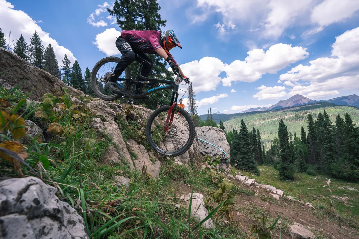 A dynamic outdoor scene featuring a mountain biker navigating rocky terrain surrounded by trees, with sweeping views of distant mountain peaks. The energy and thrill of summer adventure are front and center, with the landscape inviting exploration and outdoor activity.